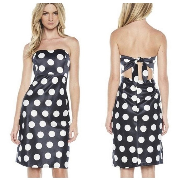 Bardot Women's Satin Polka Dot Strapless Dress Sweetheart Navy Tie Back 4/XS - Picture 1 of 6